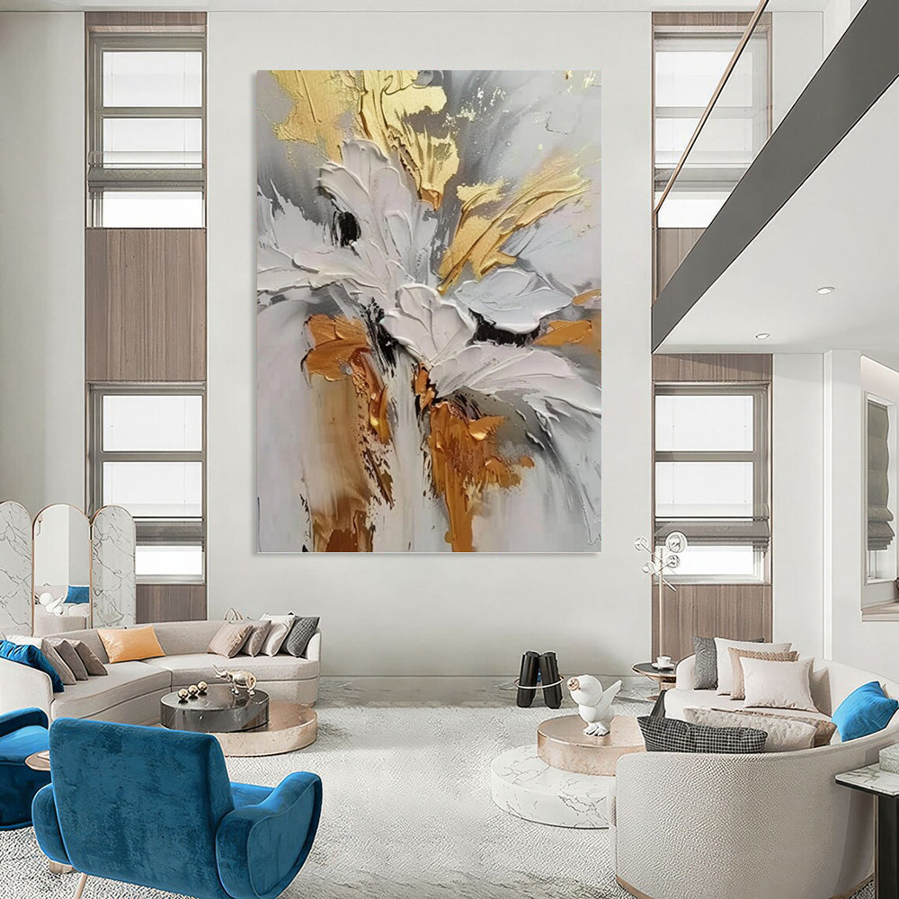 Gold, Gray and White Floral Impasto - Textured Flower Painting On Canvas DKH1386