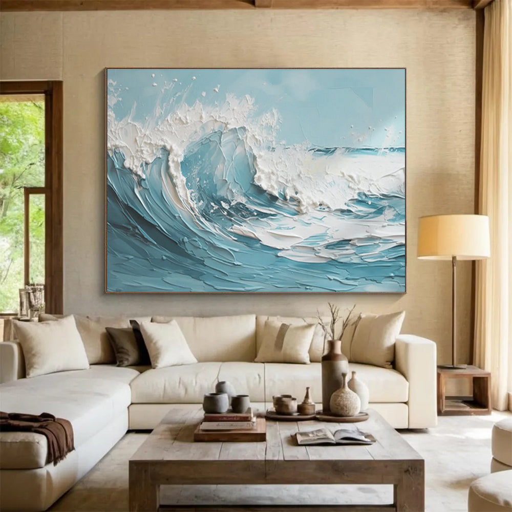 3D Textured Ocean Wave - Blue and White Impasto Painting On Canvas DKH042