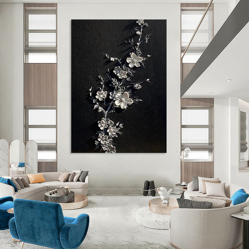 “Silver Blossoms” - Black & Silver 3D Floral Textured Painting On Canvas DKH1543