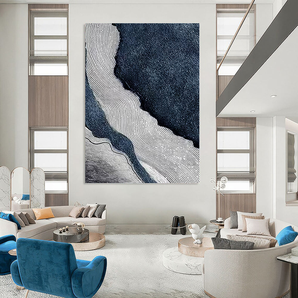 “Rippled River” - Blue, White & Gray Abstract Flowing Lines Painting On Canvas DKH1536