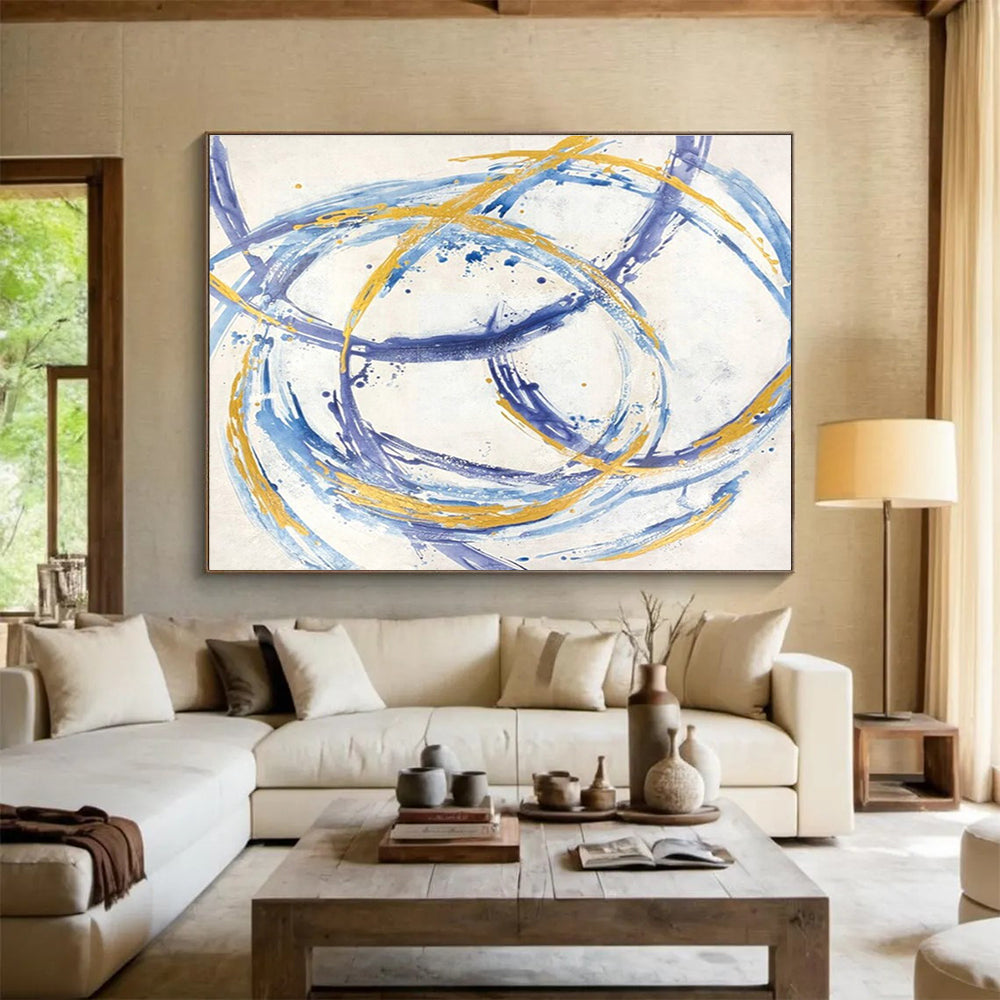 “Blue and Gold Swirls” - Graceful Abstract Painting On Canvas DKH847