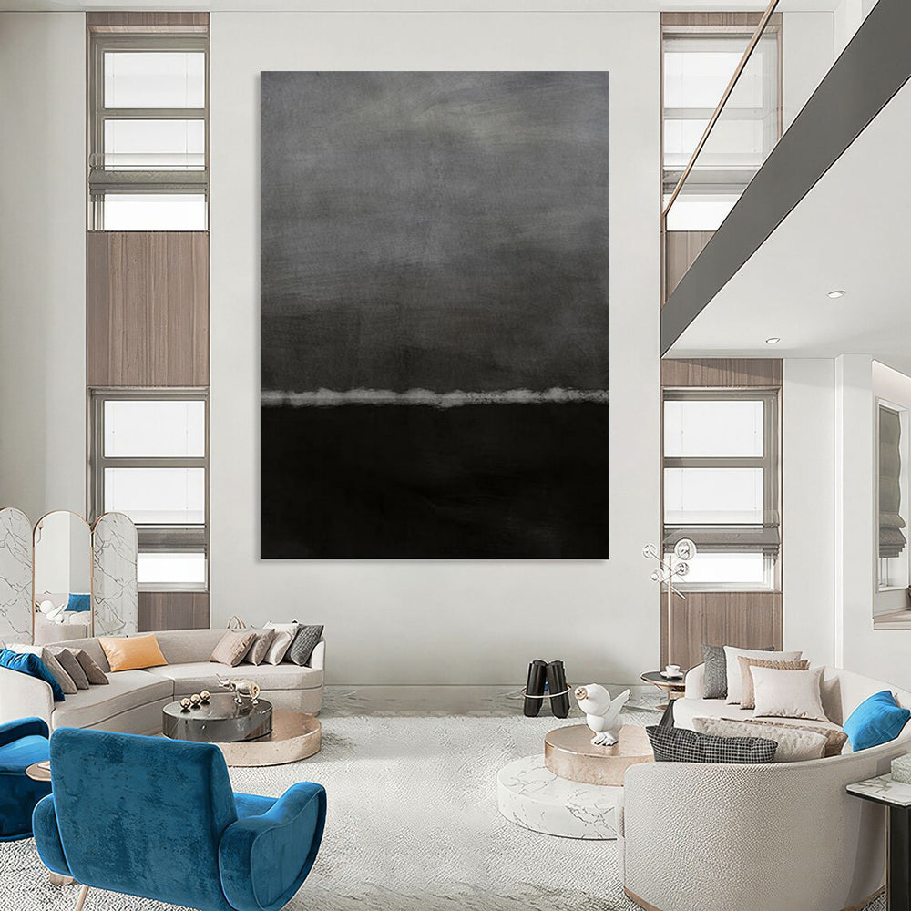 “Black & Gray Minimalist Horizon” - Black & Gray Abstract Minimalist Painting On Canvas DKH1202
