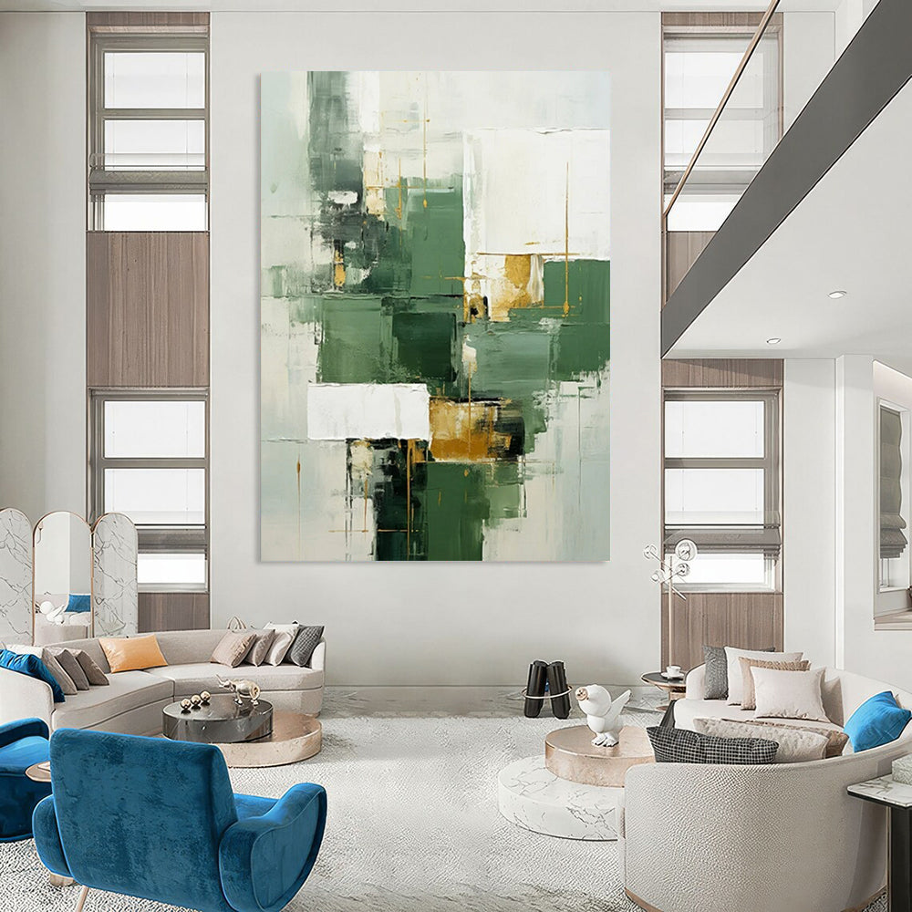 Green, White & Gold Geometric Abstract - Geometric Abstract Painting On Canvas CT2292