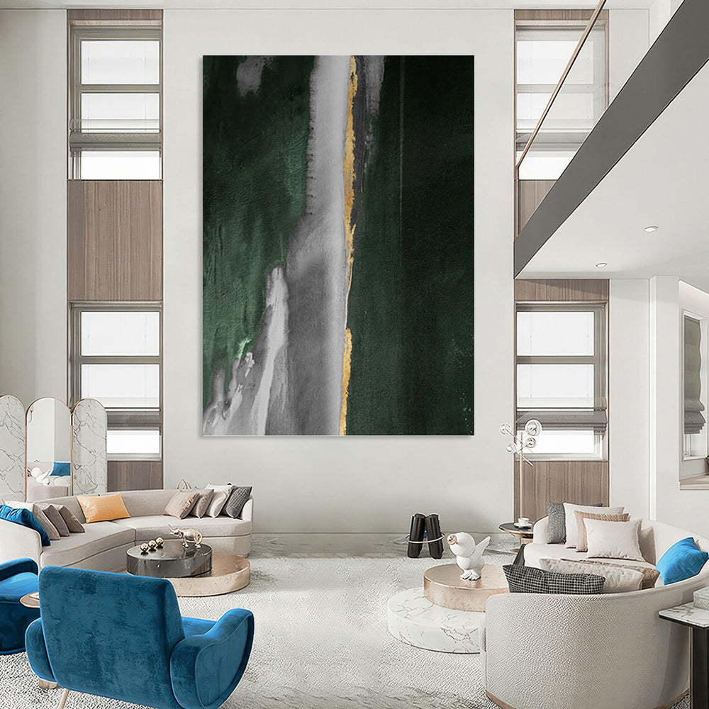 “Green, Gray & Gold Abstract Drips” - Green, Gray, Gold & Black Abstract Painting On Canvas DKH1203