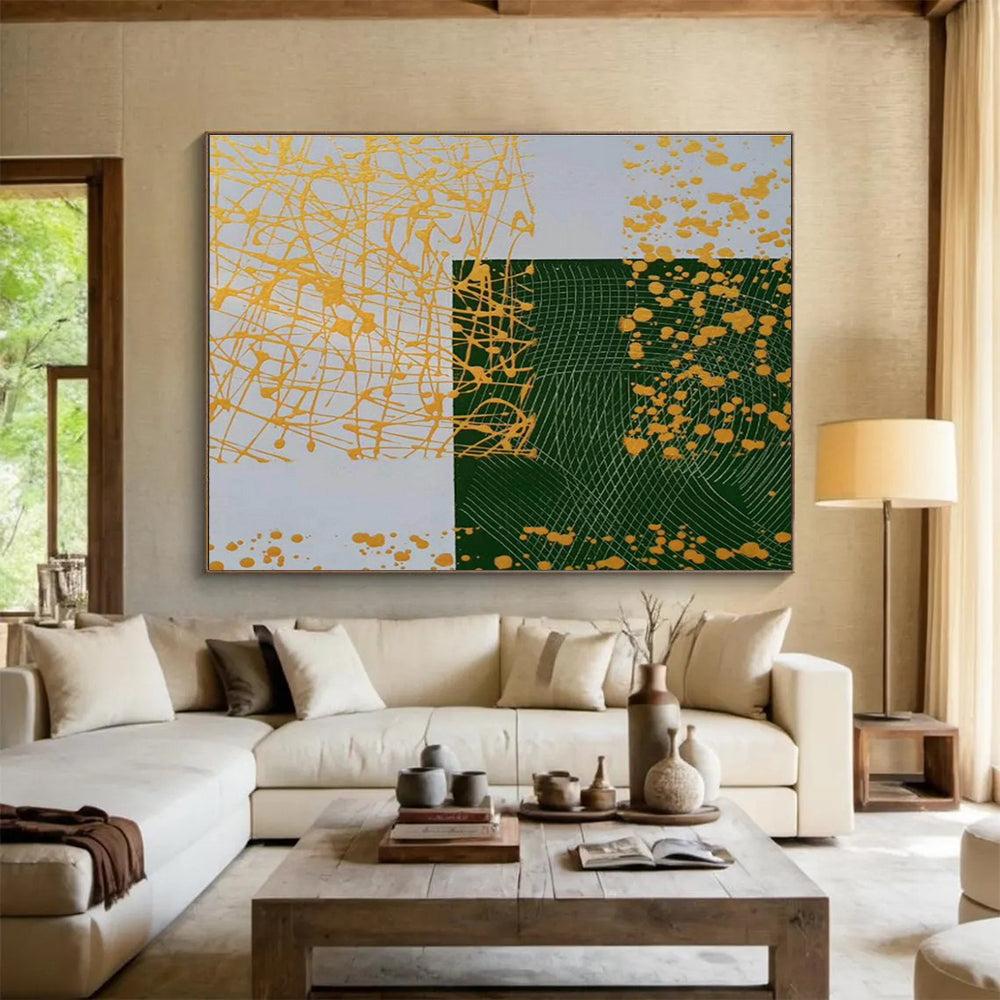 Geometric Gold and Green Abstract Painting On Canvas DKH307