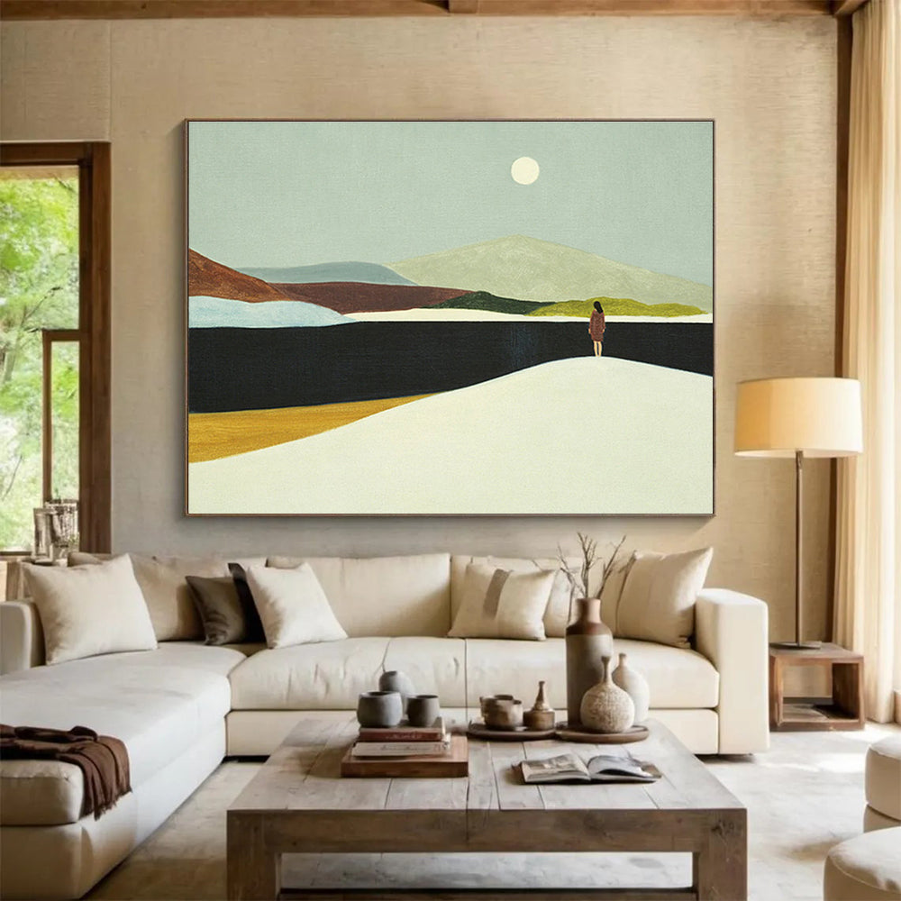 “Moonlit Wanderer” - Green, Brown, White Minimalist Landscape Painting On Canvas DKH739