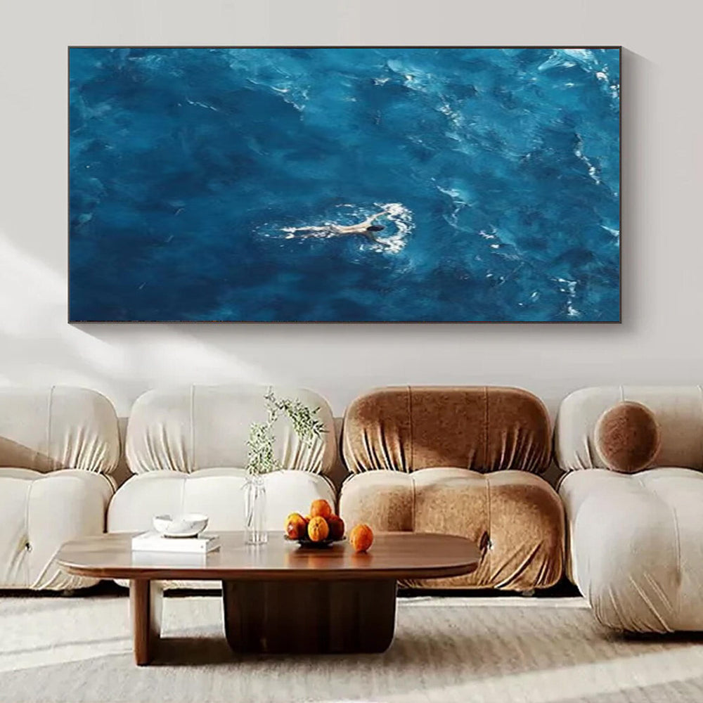 “Solitary Swimmer in Azure Sea” – Minimalist Seascape Painting CT1065