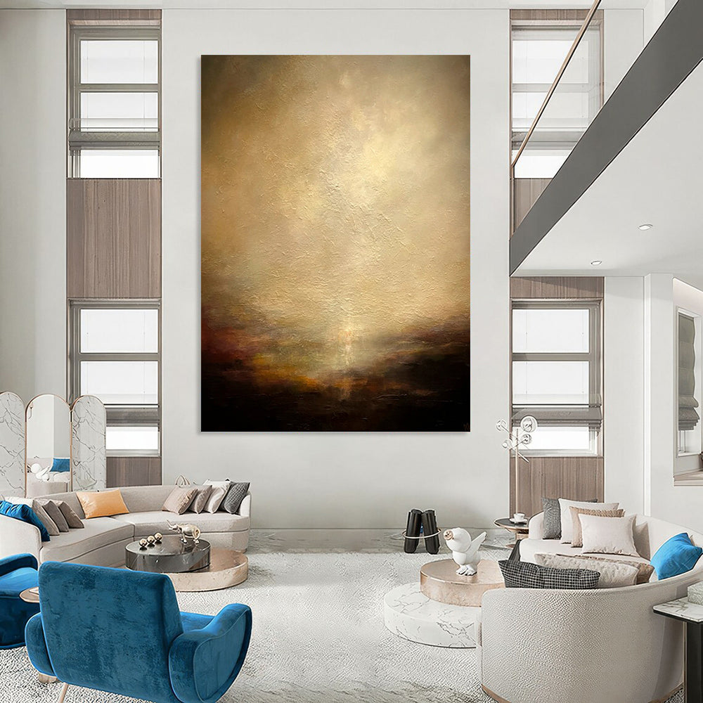 “Mystic Horizon” - Beige, Brown & Gold Abstract Landscape Painting On Canvas DKH1534
