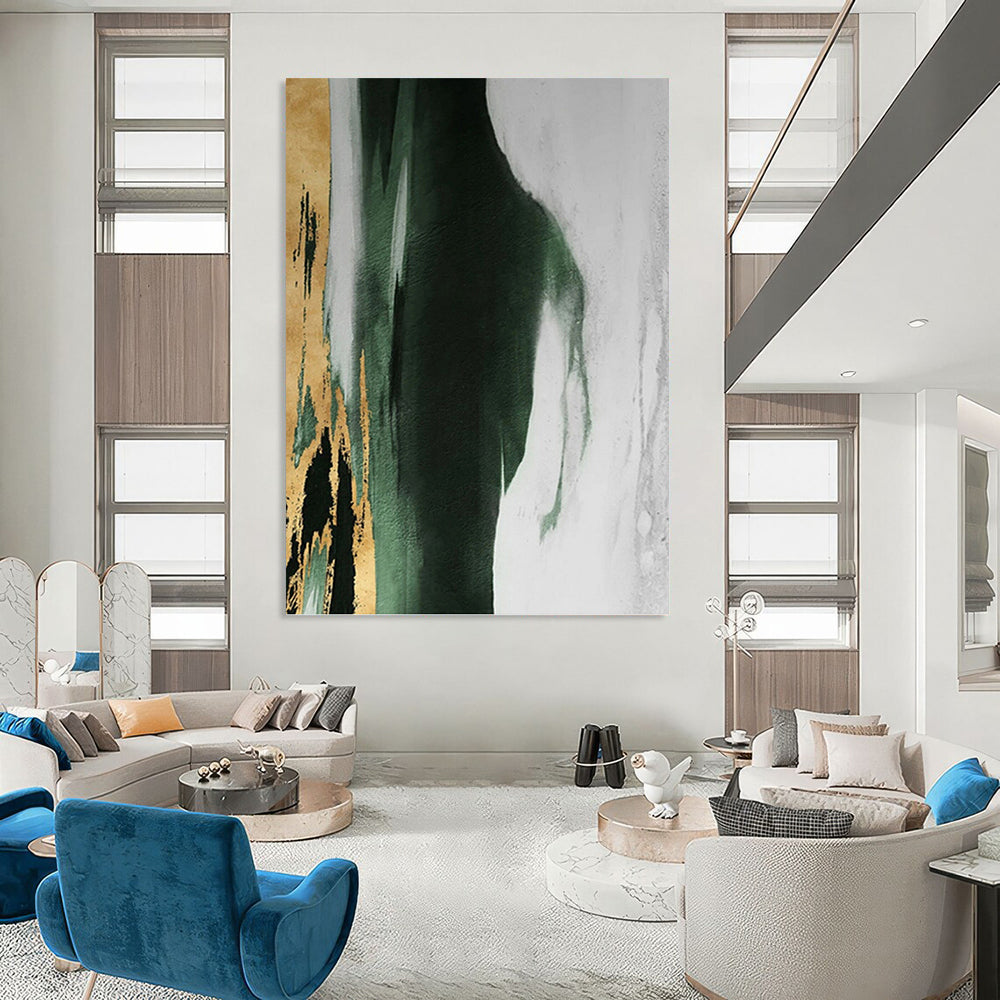“Gold, Green & White Abstract” - Gold, Green, White & Black Abstract Painting On Canvas DKH1204