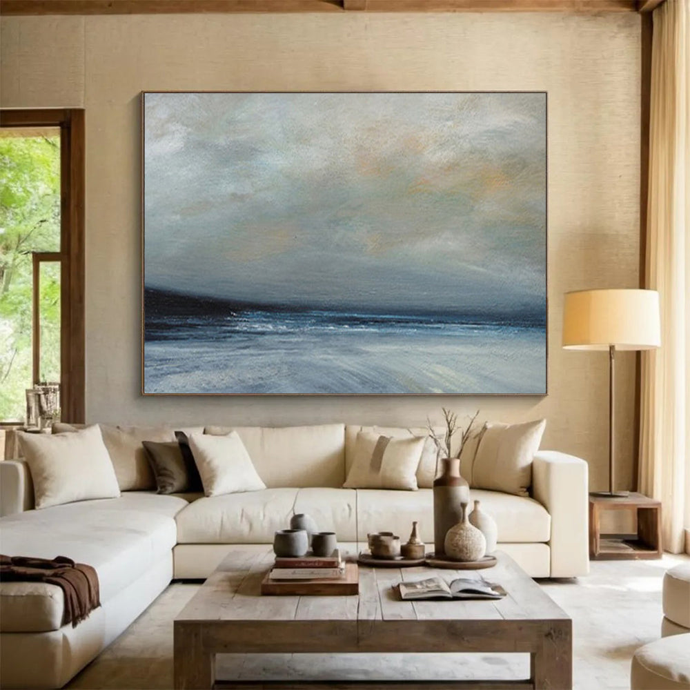 “Gray, Blue, Misty Ocean ‘Moody Maritime’” - Impressionist Seascape Painting On Canvas DLZ022