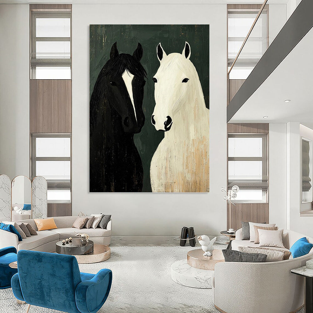 “Two Horses Portrait” - Black, White & Green Folk - Art - Style Painting On Canvas DKH1003