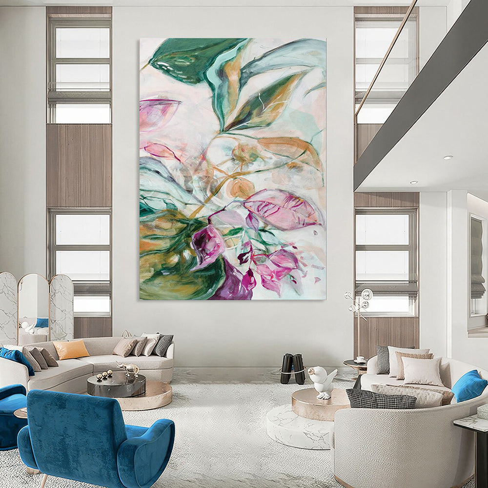 Green Foliage, Pink Petals - "Ethereal Garden" - Abstract Floral Painting CT1851