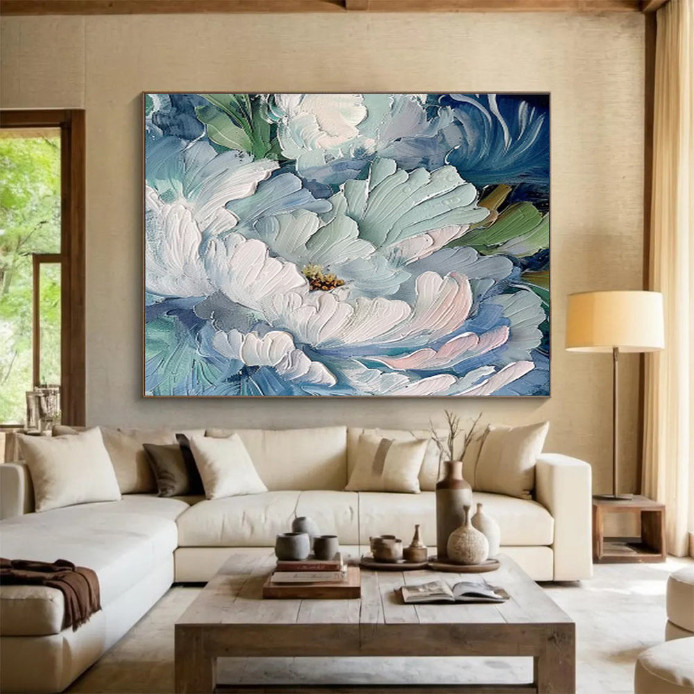 Textured Blue Peony Blooms Painting On Canvas DKH675