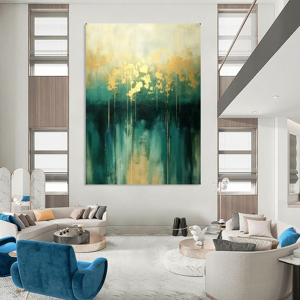 “Teal and Gold Abstract Art” – Minimalist Oil Painting On Canvas CT2168