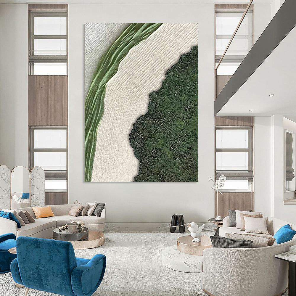 “Green, White, Textured Nature ‘Leafy Contrast’” - Minimalist Abstract Painting On Canvas DTP316