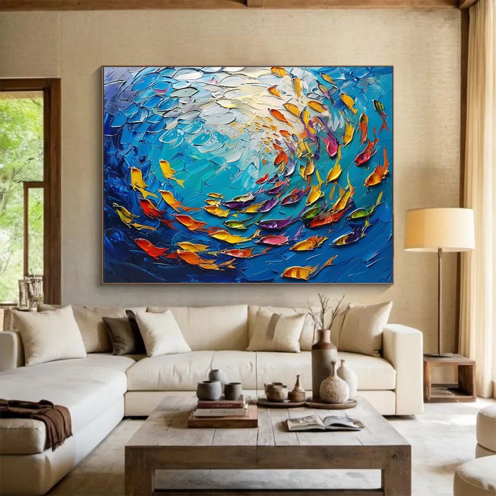 Textured Fish in Blue Sea - Impasto Marine Painting On Canvas DLZ199