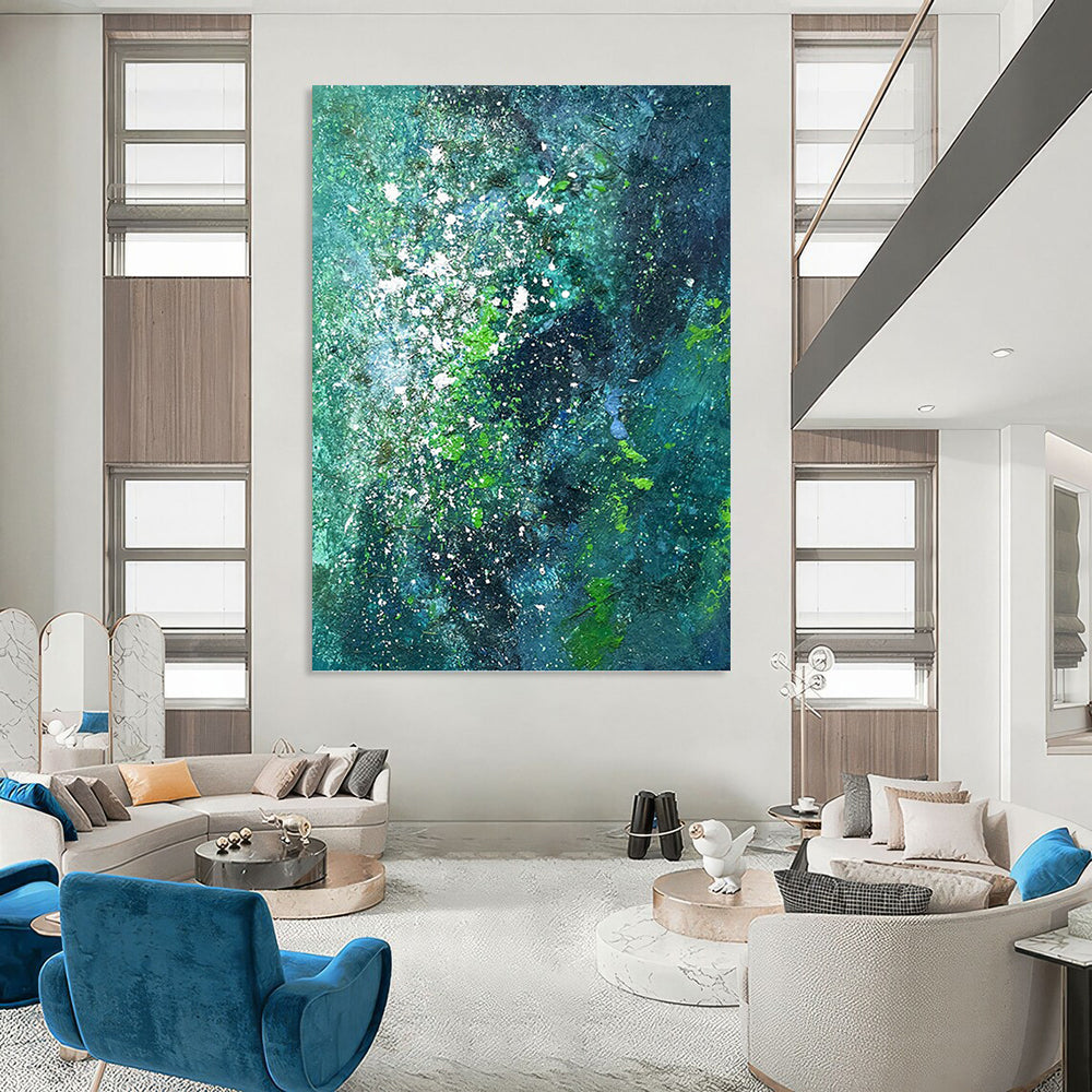“Teal & Green Abstract Galaxy” - Teal, Green & White Cosmic - Inspired Painting On Canvas DKH1029