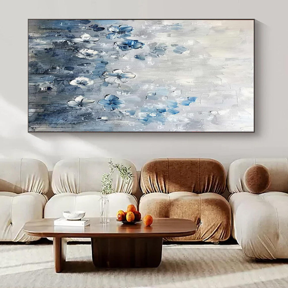 “Textured Blue - White Floral Field” – Impasto Floral Painting CT1086