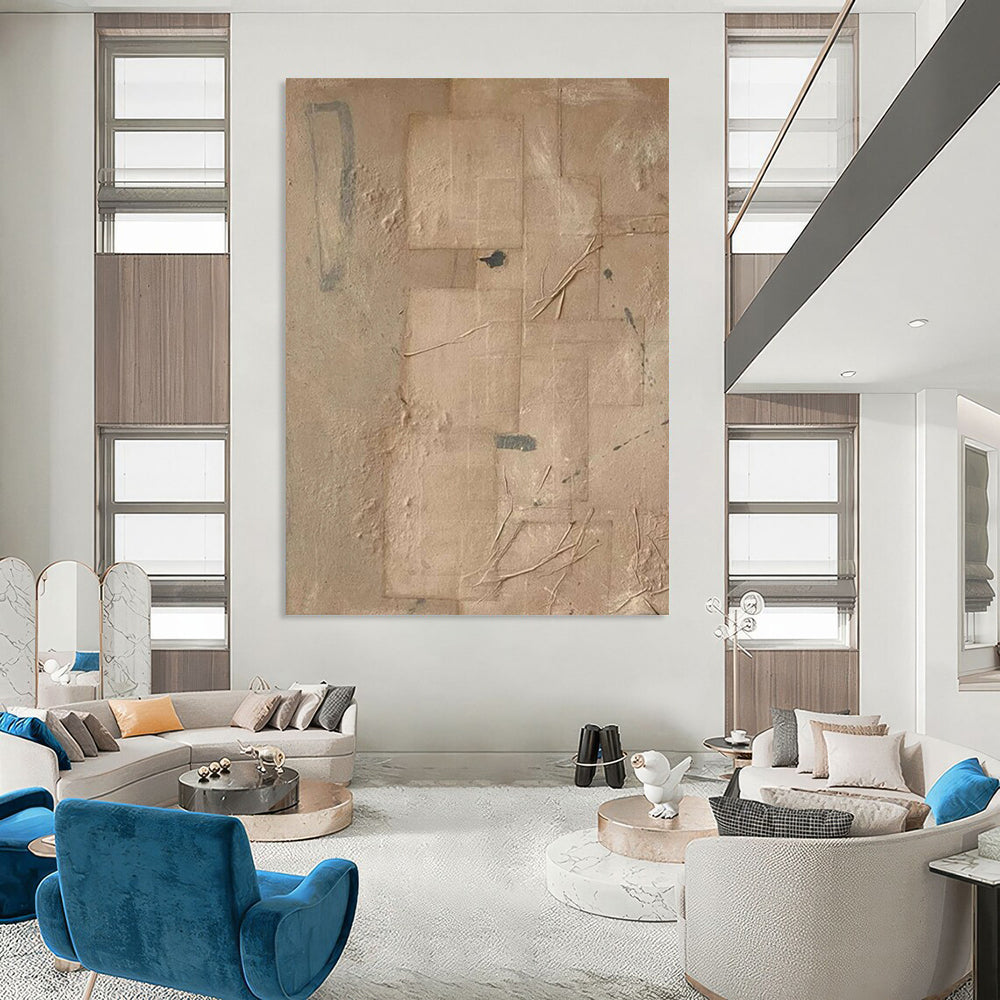 “Beige, Gray Textured Collage ‘Earthly Layers’” - Mixed - Media Abstract Painting On Canvas DTP336