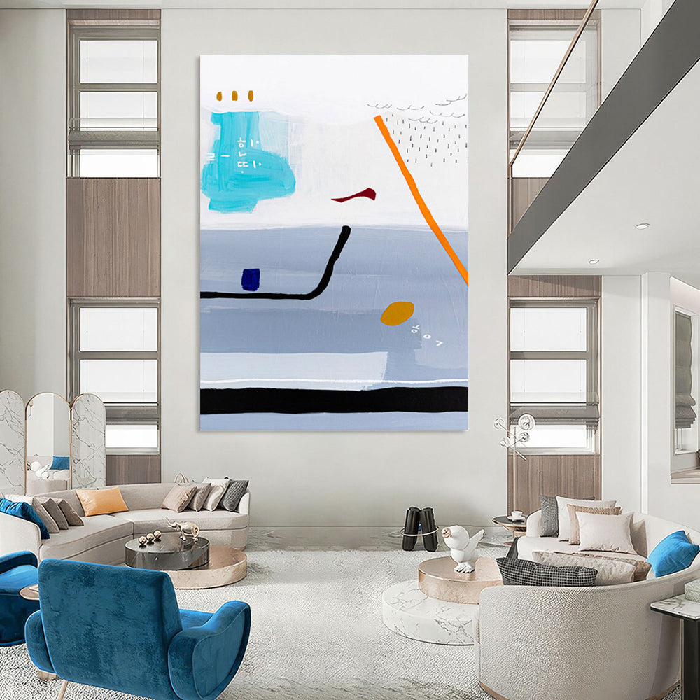 “Light Blue and Gray Abstract with Orange and Red Details” - Playful Abstract Painting On Canvas DKH1098