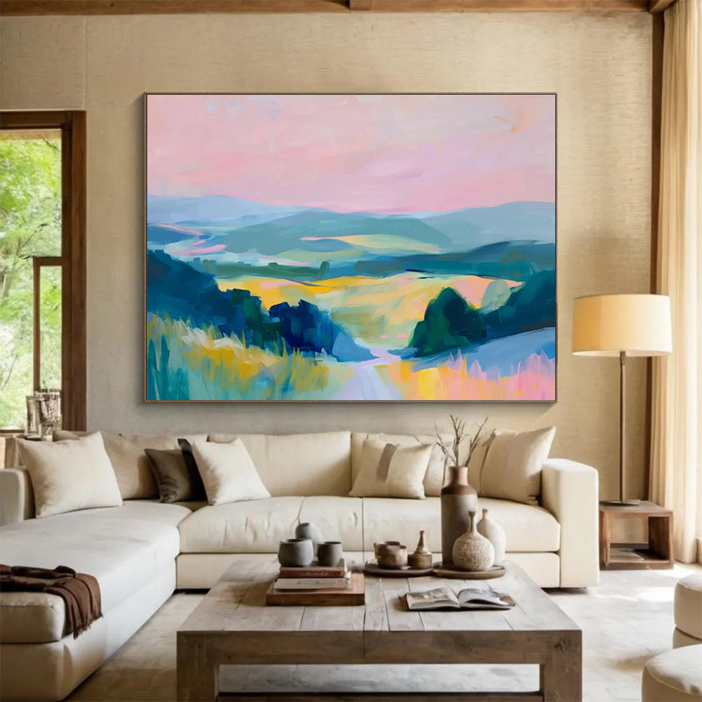 Vibrant Valley Vista Pink Blue Green Landscape Painting On Canvas DKH210