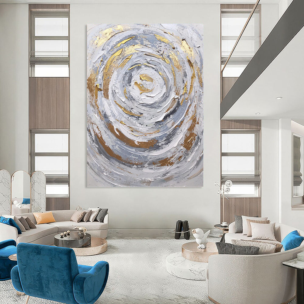 Silver - Gray and Gold Swirl - Abstract Impasto Painting On Canvas DKH1286