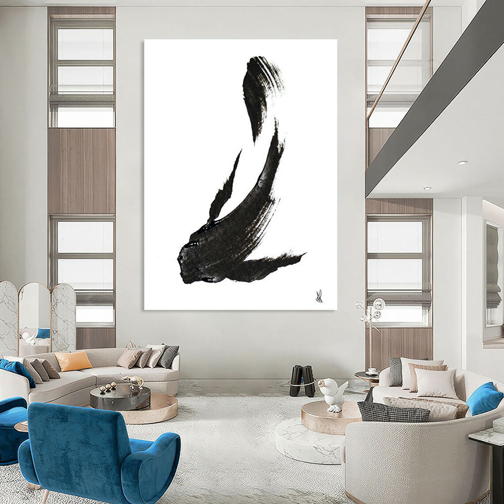 “Ink - Black Fish Silhouette” - Minimalist Ink Painting On Canvas DTP181