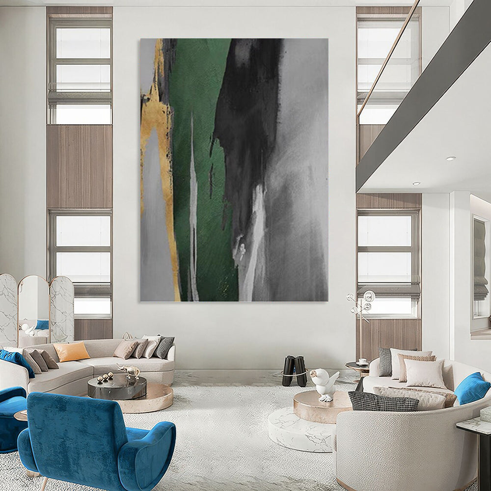 “Green - Gray - Gold Bold Strokes” - Green, Gray & Gold Abstract Expressionist Painting On Canvas DKH0932