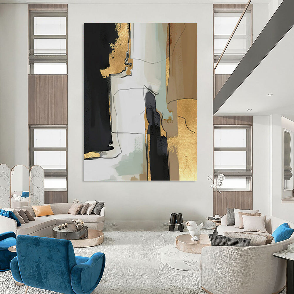 “Gilded Urbanity” - Black, Gold, Beige & Green Abstract Cityscape - Inspired Painting On Canvas DKH1524