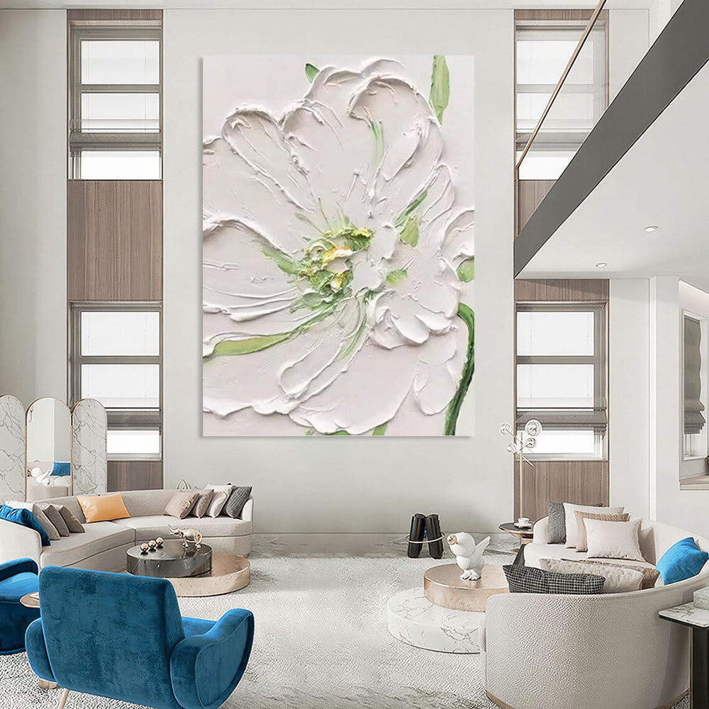 White Flower with Green Accents - Textured Floral Painting On Canvas DKH1398