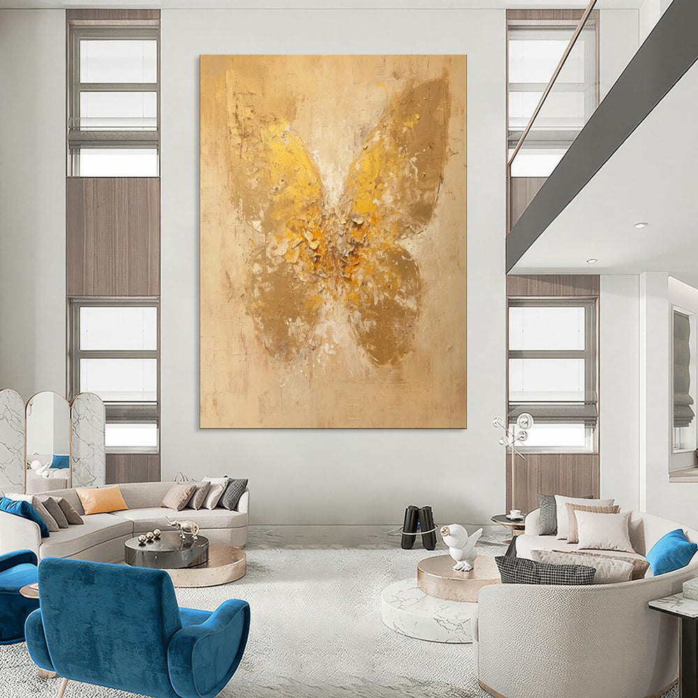 “Textured Gold Butterfly: Abstract Nature Art” - Mixed - Media Impasto on Canvas CT1899