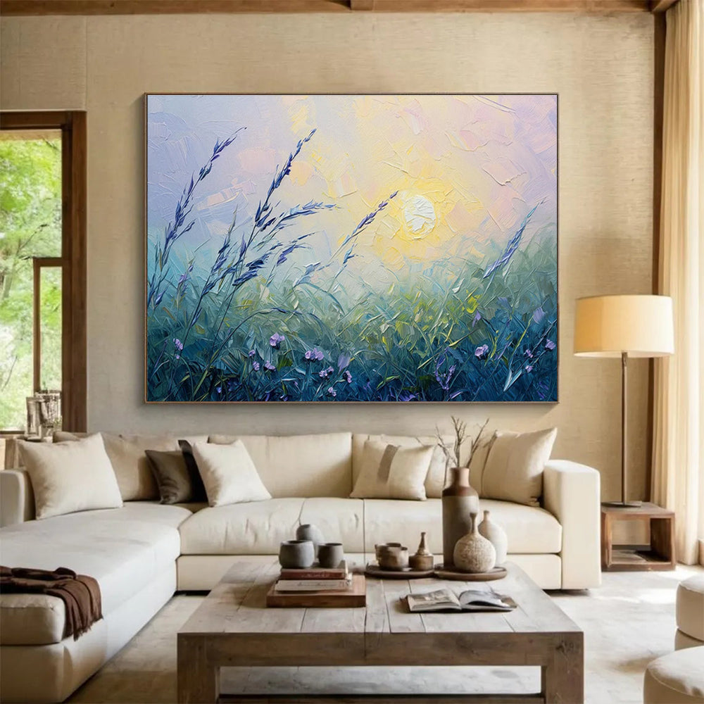 “Pastel Meadow at Sunset” - Soft Purple, Green, Yellow Impressionistic Landscape Painting On Canvas DKH762