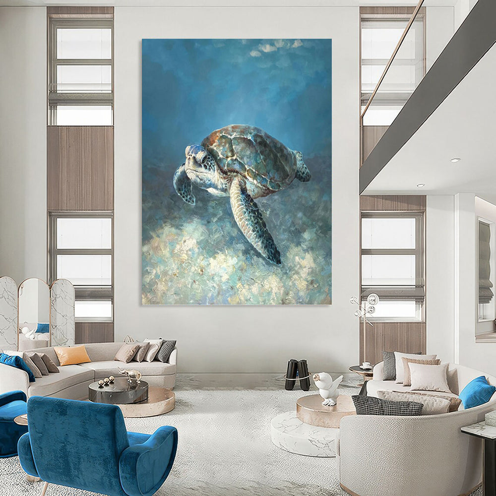 Realistic Sea Turtle in Blue Waters - Wildlife Painting On Canvas DKH1443