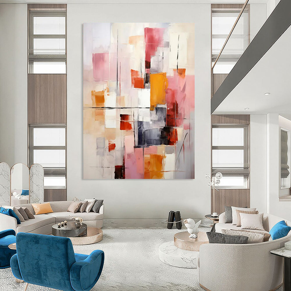 Pink & Orange Abstract Geometry - Colorful Geometric Abstract Painting On Canvas CT2278