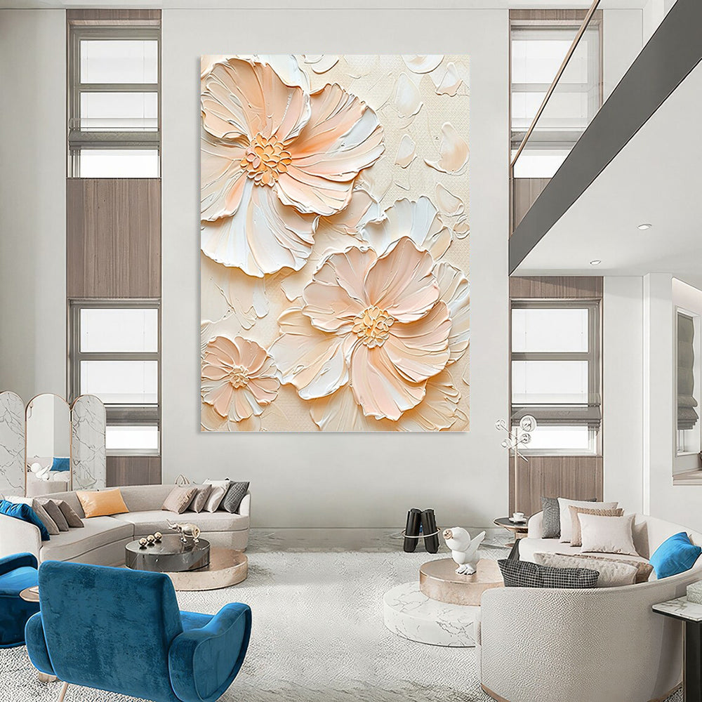 Peach - Colored Floral Relief - Impasto Flower Painting On Canvas DKH1389