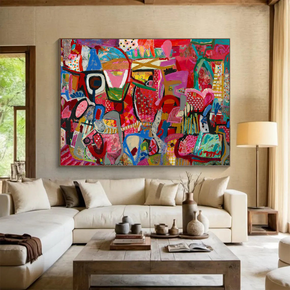 Pink - Dominant Abstract Shapes - Abstract Expressionist Painting On Canvas DLZ239