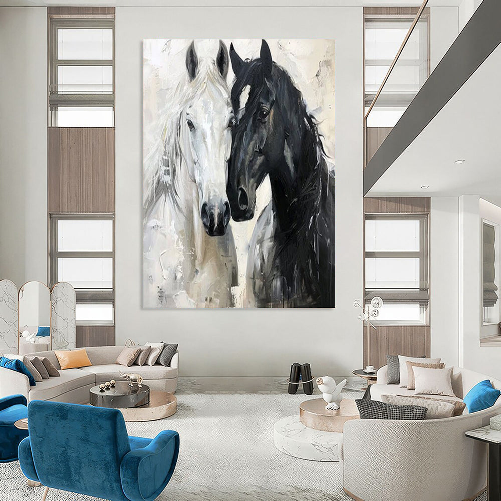 Black and White Horse Duet - Expressive Equine Painting On Canvas DKH1401