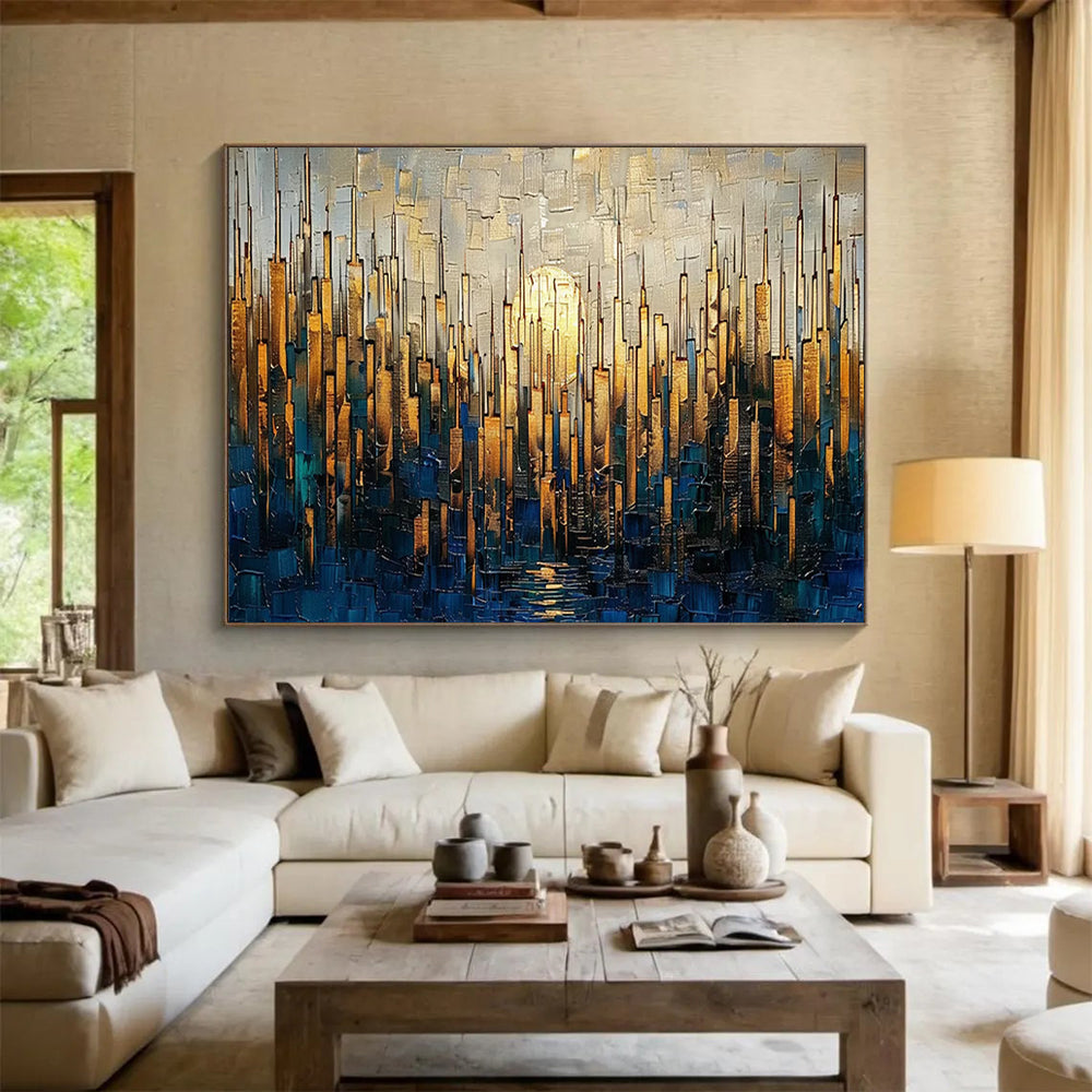 Golden Cityscape at Sunset - Textured Urban Landscape Painting On Canvas DLZ172