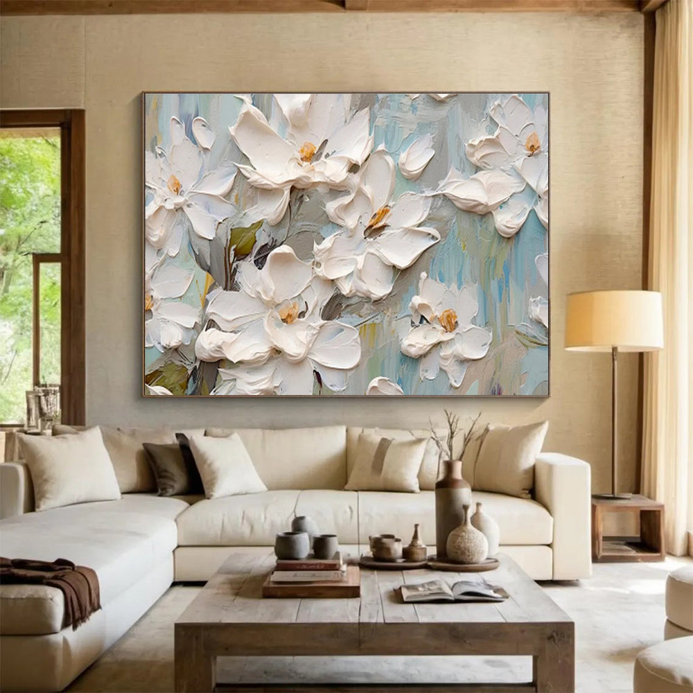 Textured White Floral Painting On Canvas DKH686