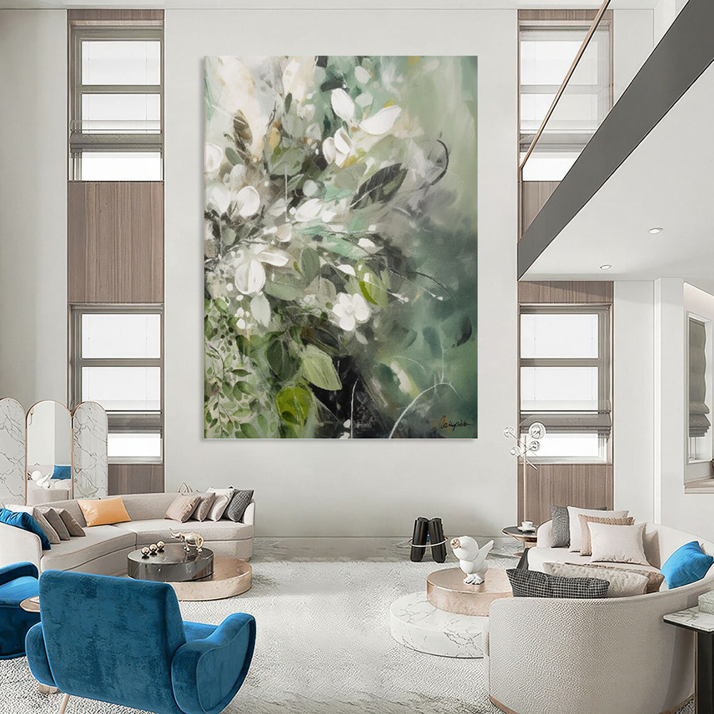 “Green - Toned Floral Abstraction” - Soft Flower Bouquet Painting On Canvas DKH1086