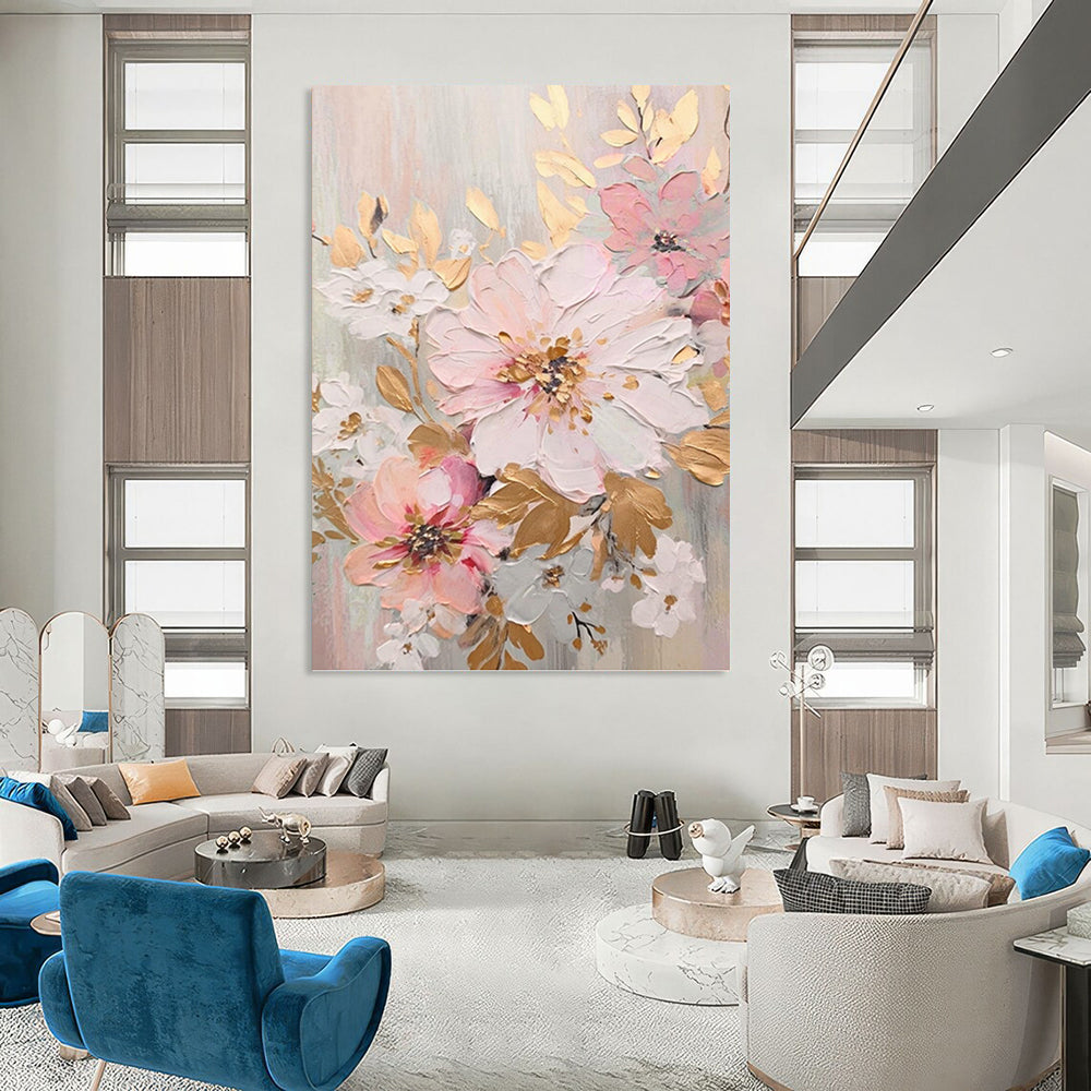 Pink, Gold and White Floral Elegance - Impasto Flower Painting On Canvas DKH1390
