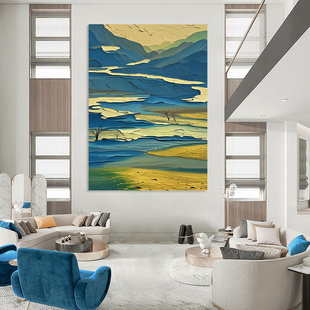 “Colorful Layered Landscape” - Blue, Green & Yellow Cubist - Inspired Painting On Canvas DKH0963