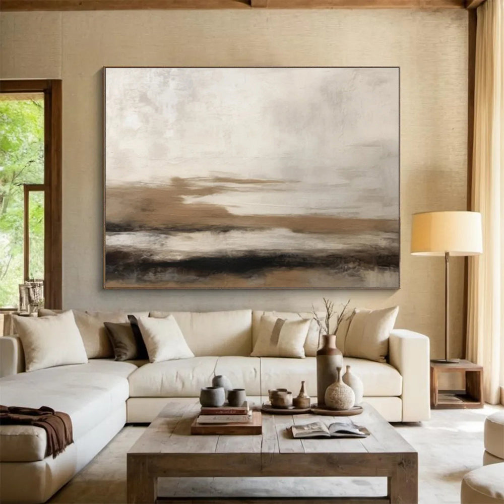 “Brown & White Textured Layers” Abstract Landscape Painting On Canvas DKH332