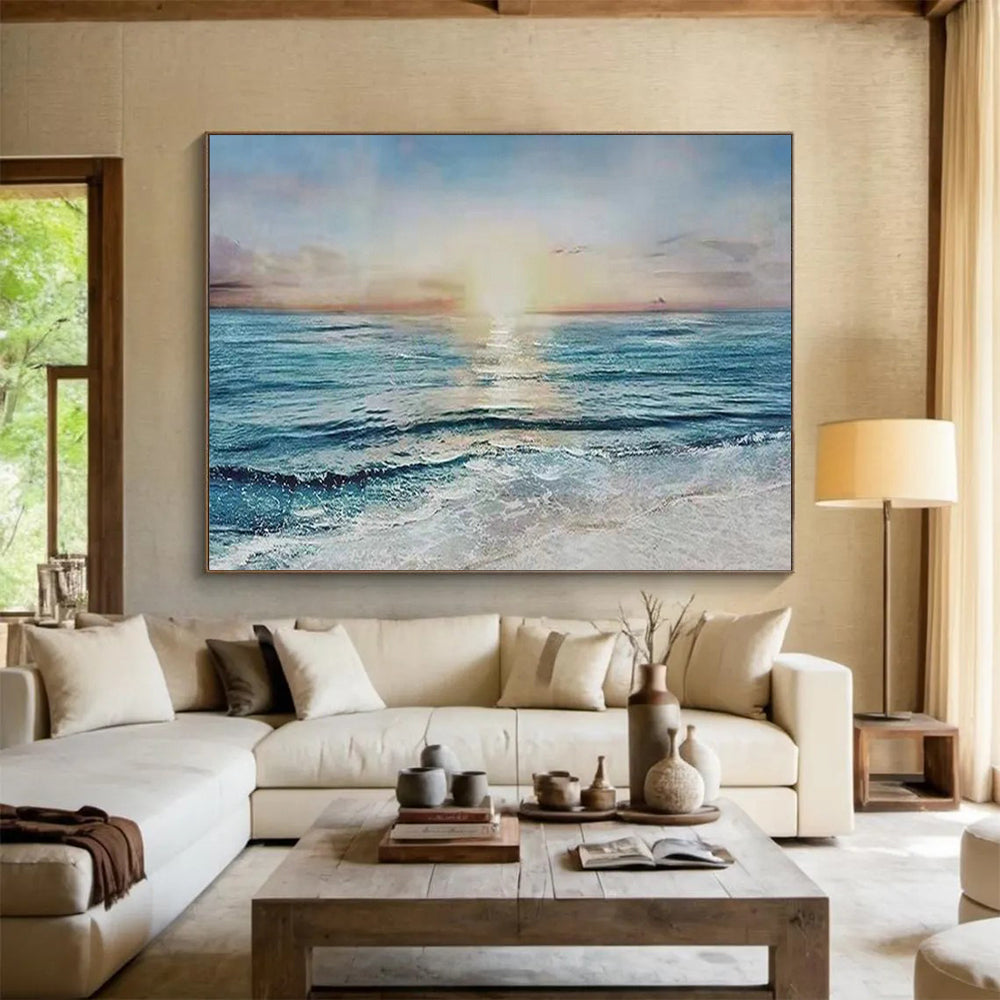 “Sunset Sea Serenity” - Orange, Pink & Blue Realist Seascape Painting On Canvas DLZ258