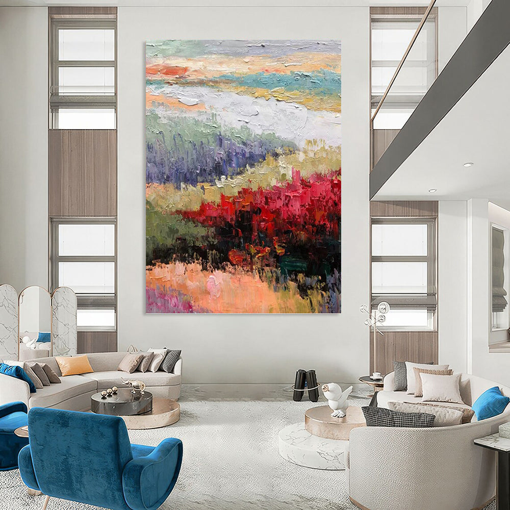 Impressionistic Landscape with Red Blossoms - Landscape Impasto Painting On Canvas DKH1273