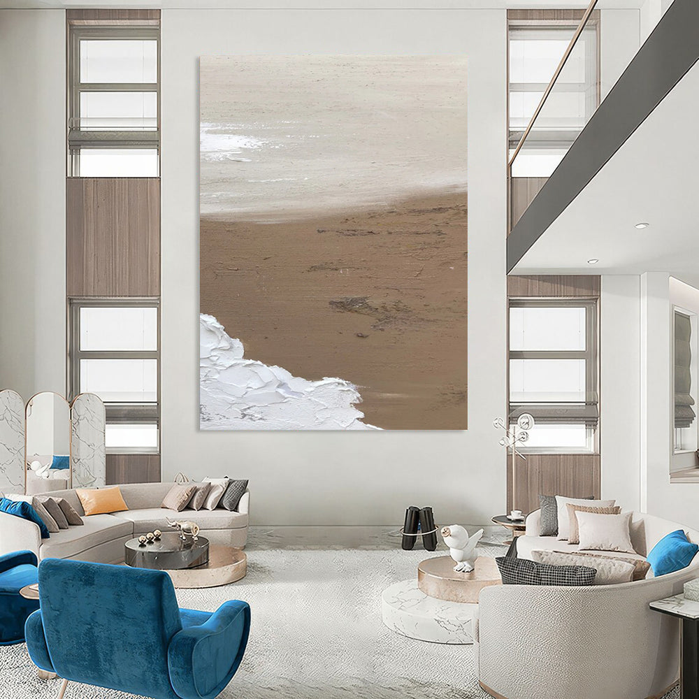 “Beige, White Textured Coast ‘Sunlit Serenity’” - Impasto Abstract Painting On Canvas DTP375