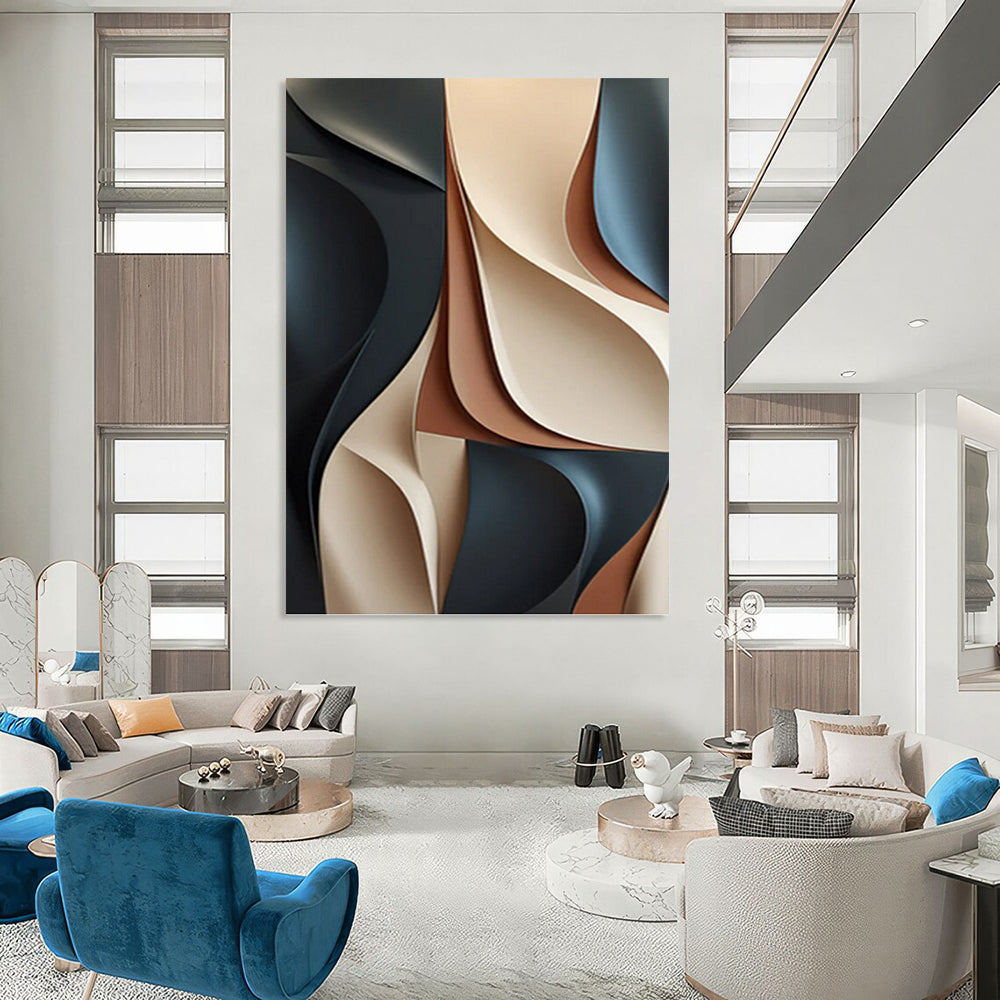 “3D - Effect Neutral Abstract” - Black, Beige, Brown & Gray Sculptural Painting On Canvas DKH1023
