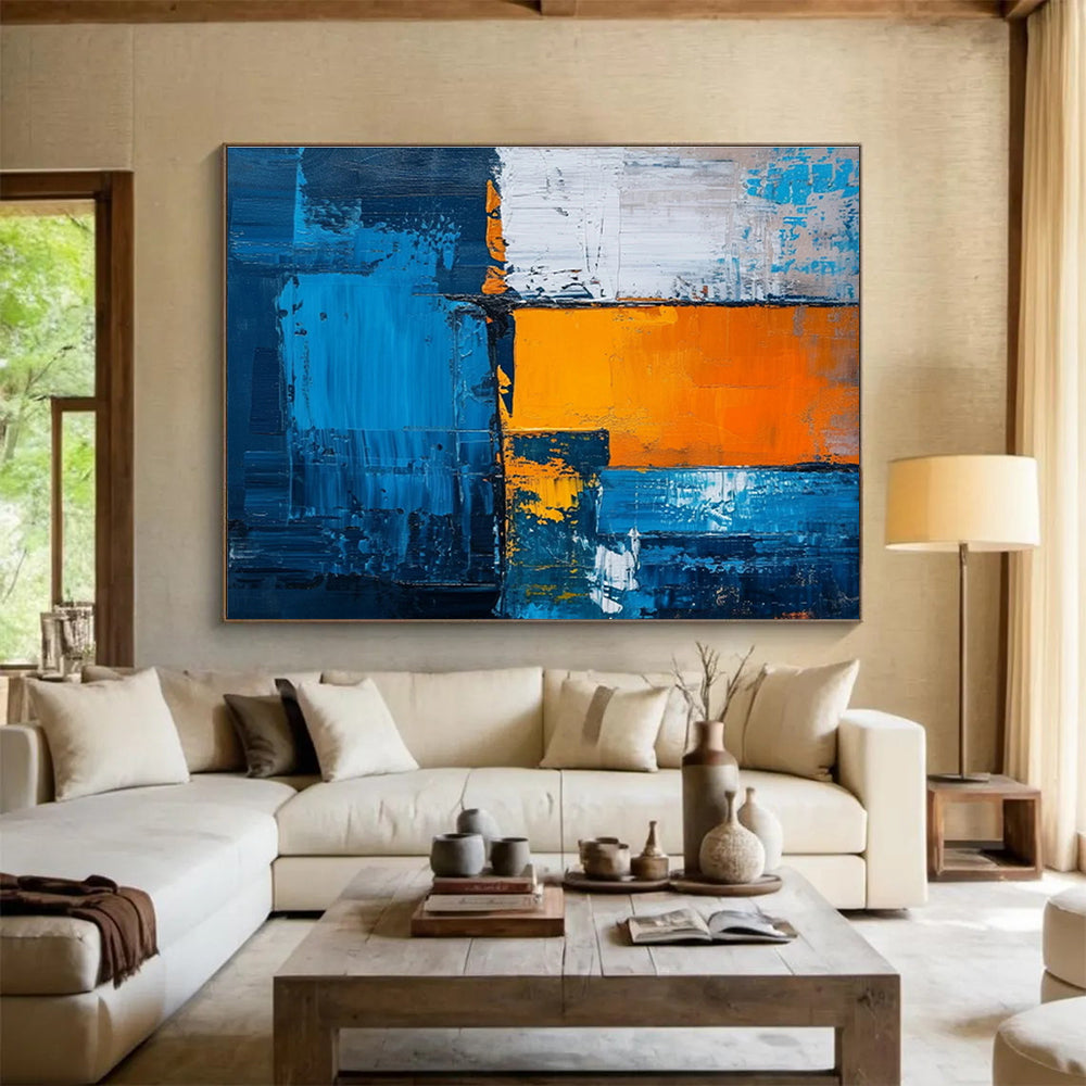 Bold Blue and Orange Geometric Abstract Painting On Canvas DKH273