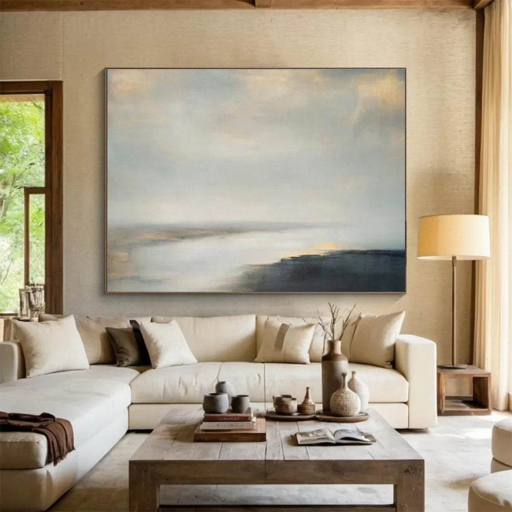 Soft Gray and Beige Seascapes “Foggy Morning Tide” Painting On Canvas DKH108