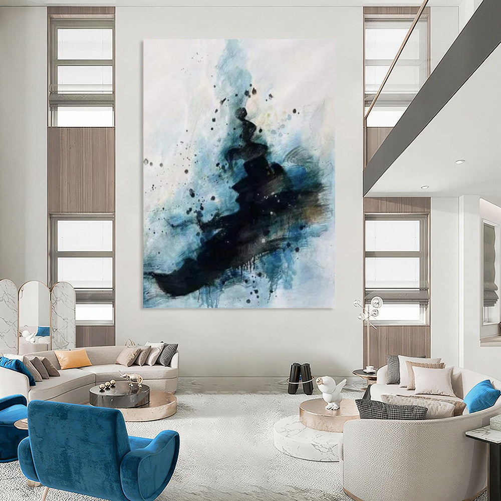 Black, Blue & White Splattered Ink Vibe - Abstract Painting On Canvas CT2306